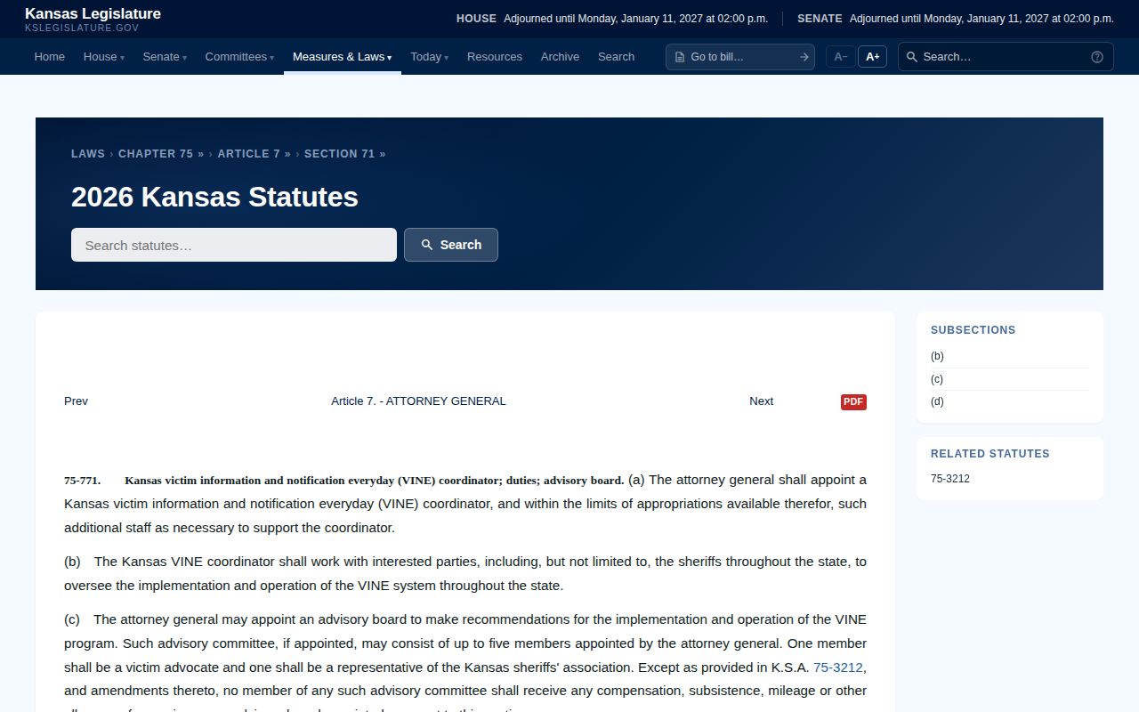 Kansas victim notification law for Allen County VINELink release alerts